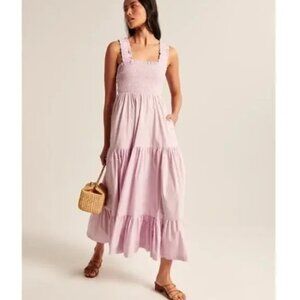Abercrombie & Fitch Women Smocked Maxi Tiered Dress Boho Lavender Poplin